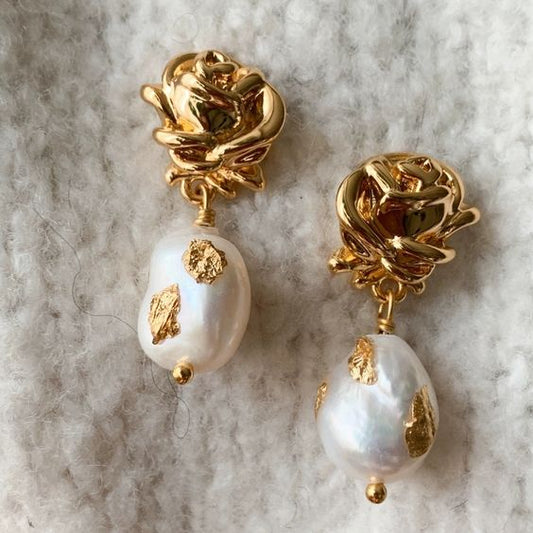 Vintage Gold Rose Flower Pearl Earrings-Maryam Jewelry