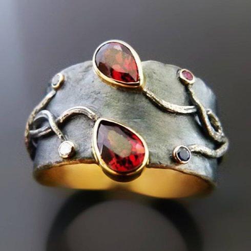 Vintage Red Drop Zirconia Silver Ring-Maryam Jewelry