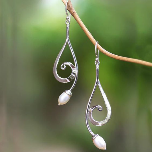 Vintage Dangling Spiral Pearl Silver Earrings-Maryam Jewelry