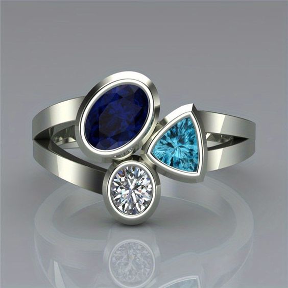 Vintage Blue Crystals Silver Ring-Maryam Jewelry