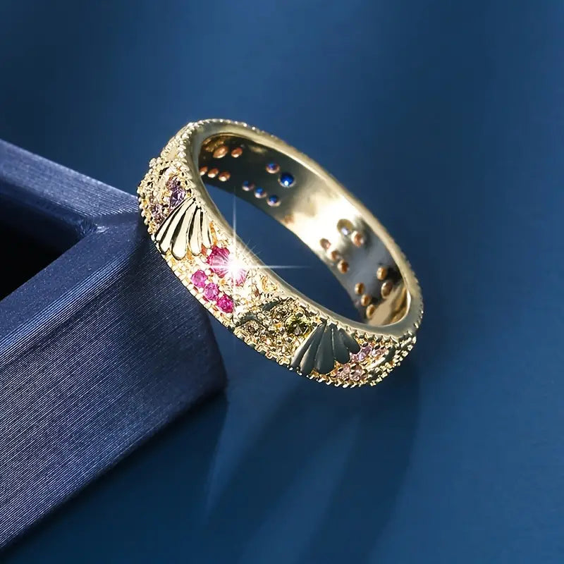 Vintage Gold Bright Red Zirconia Ocean Ring-Maryam Jewelry