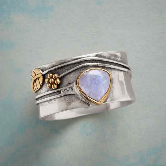 Vintage Moonstone Silver Gold Leaf Ring-Maryam Jewelry