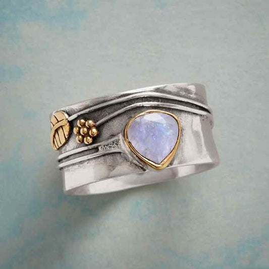 Vintage Moonstone Silver Gold Leaf Ring-Maryam Jewelry