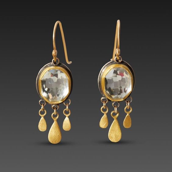 Vintage Dangling White Glass Gold Earrings-Maryam Jewelry