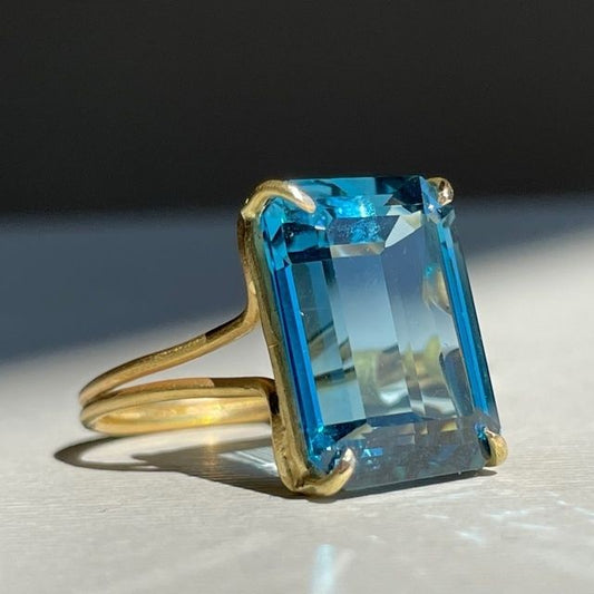 Vintage Blue Ocean Glass Gold Ring-Maryam Jewelry