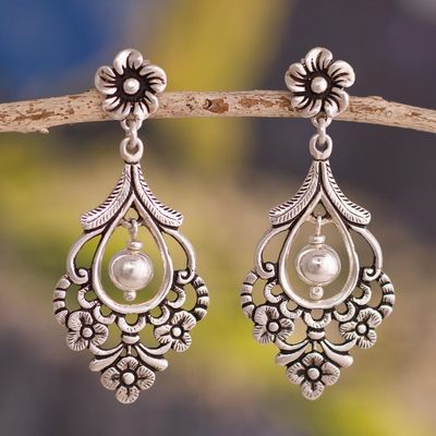 Vintage Dangling Flower Pearl Earrings-Maryam Jewelry