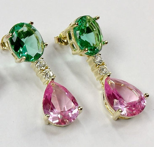Vintage Pink Drop Green Zirconia Earrings-Maryam Jewelry
