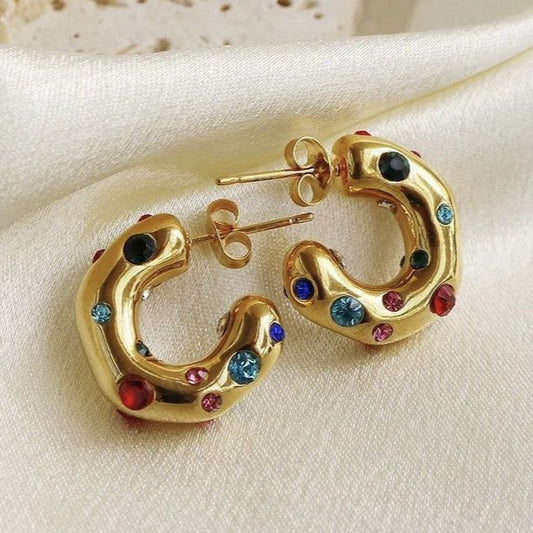 Vintage Gold Colorful Inlaid Crystals Earrings-Maryam Jewelry