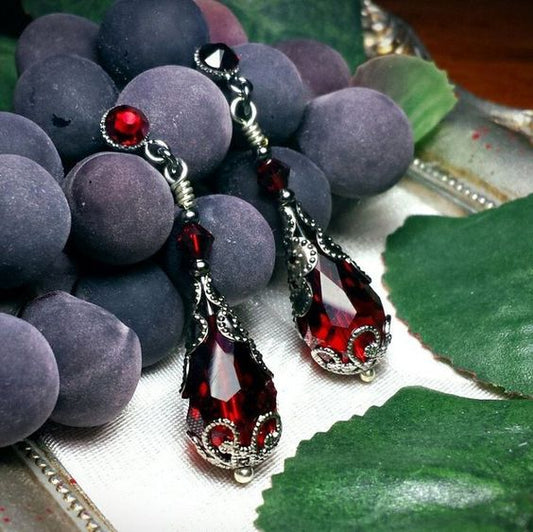 Vintage Red Crystal Drop Earrings-Maryam Jewelry