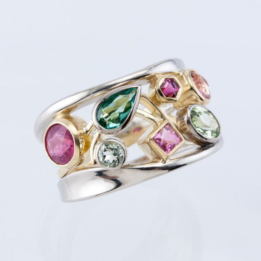 Vintage Colorful Stones Silver & Gold Ring-Maryam Jewelry