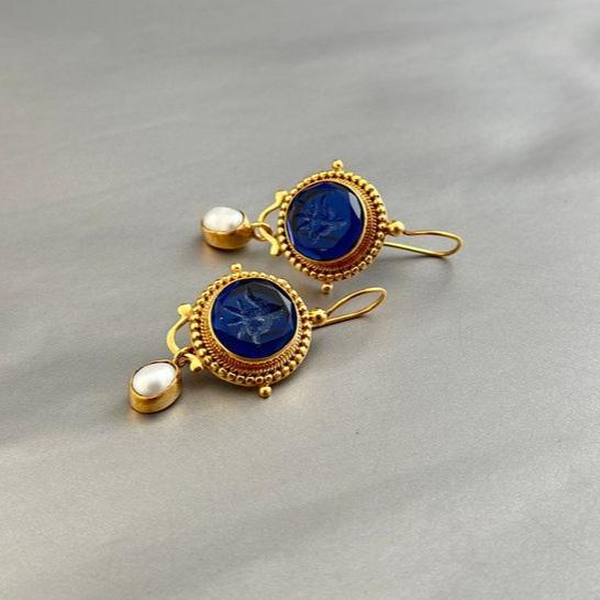 Vintage Blue Pearl Gold Earrings-Maryam Jewelry