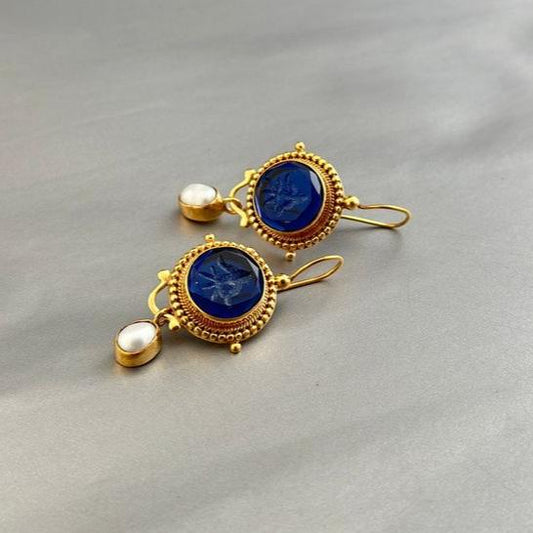 Vintage Blue Pearl Gold Earrings-Maryam Jewelry