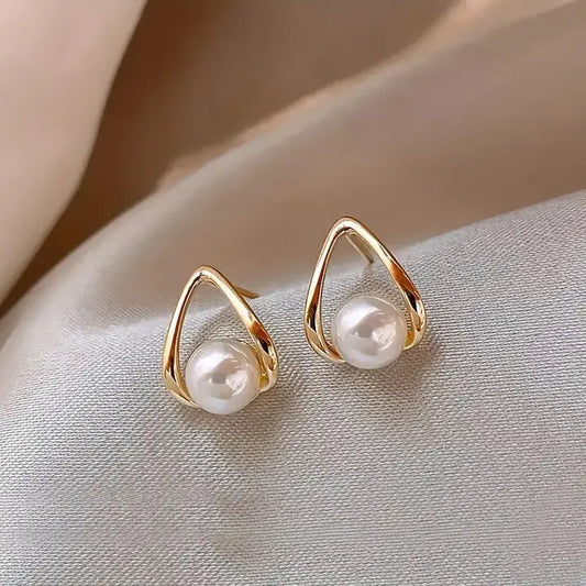 Triangular Hollow Earrings with Elegant Pearls-Maryam Jewelry