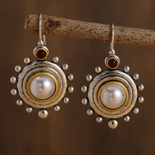 Vintage silver and gold inlaid pearl earrings-Maryam Jewelry