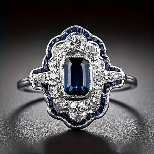 Vintage Blue Crystal Silver Ring-Maryam Jewelry