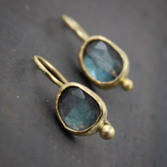 Vintage Blue Inlaid Stone Golden Earrings-Maryam Jewelry