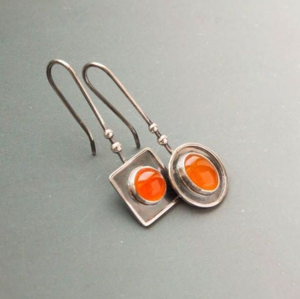 Vintage Orange Stones Silver Dangling Earrings-Maryam Jewelry