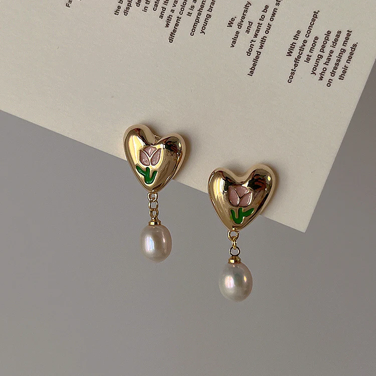 Elegant Gold Heart & Pearl Earrings-Maryam Jewelry