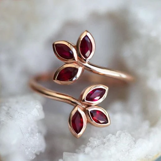 Vintage Red Crystal Leaf Rose Gold Ring-Maryam Jewelry