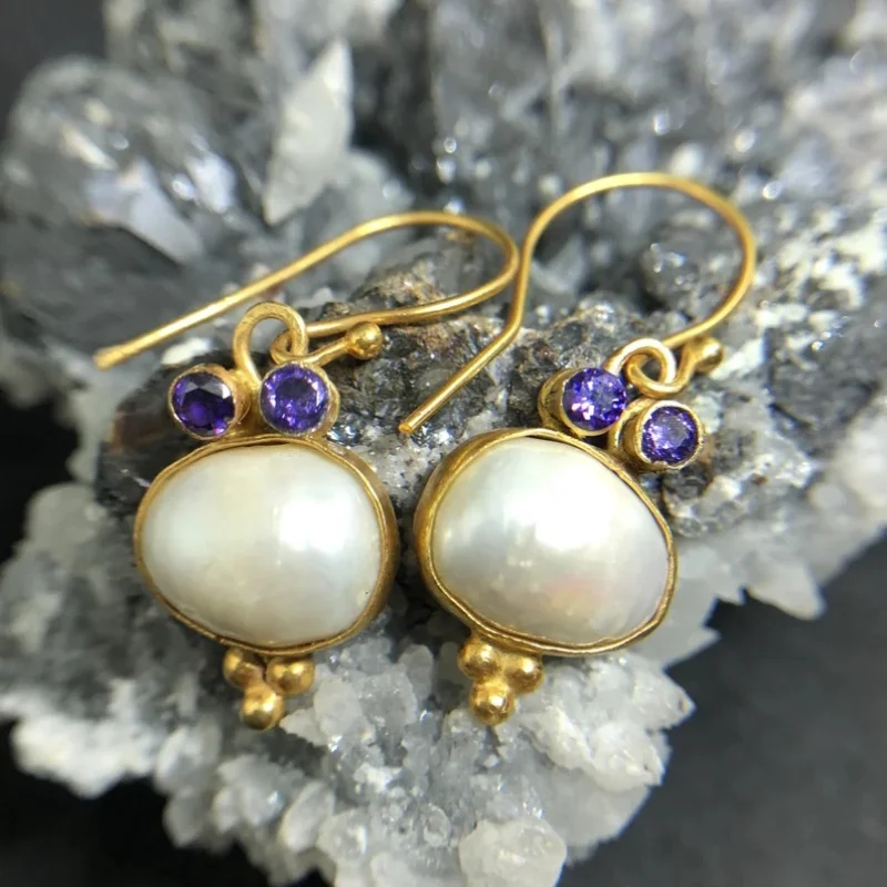 Vintage White Stone Golden Purple Zirconia Earrings-Maryam Jewelry