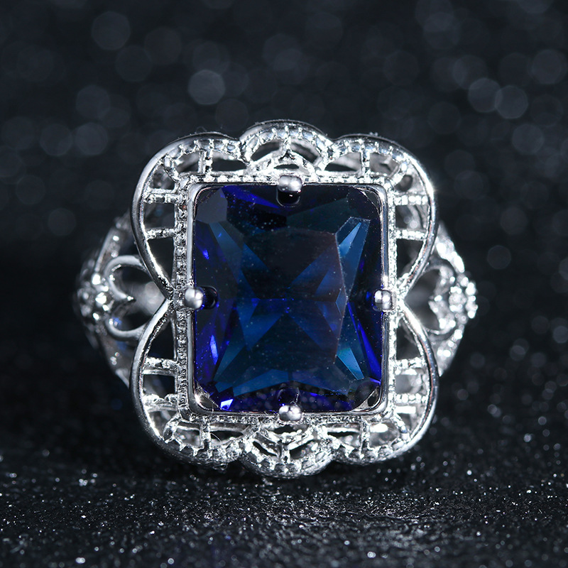 Vintage Blue Zirconia Hollow Silver Ring-Maryam Jewelry