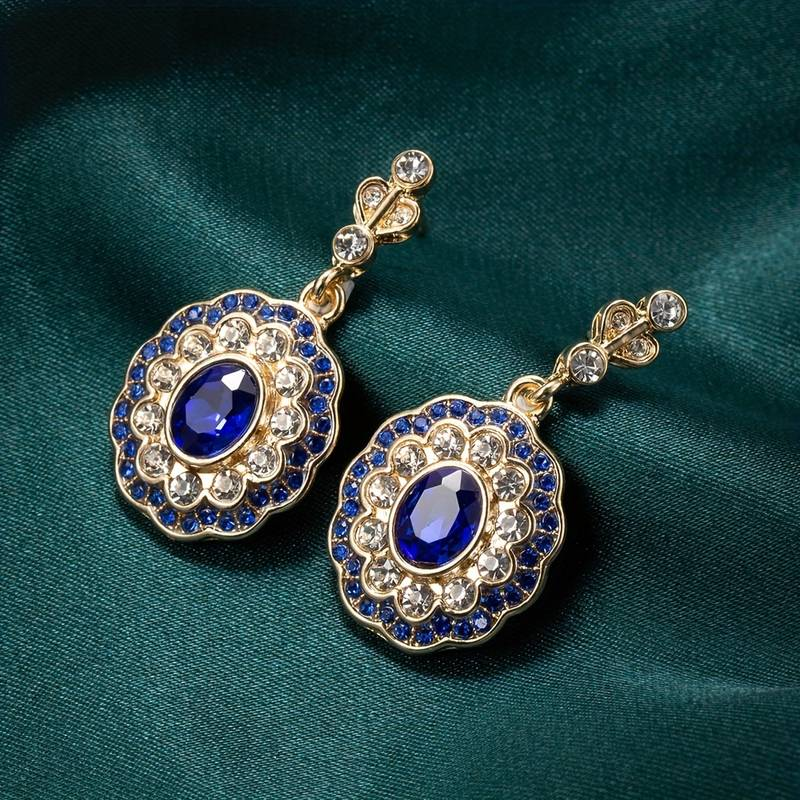 Blue Crystal Mandala Earrings on Vintage Gold-Maryam Jewelry