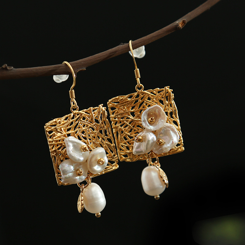 Vintage White Pearls and Flowers Earrings-Maryam Jewelry