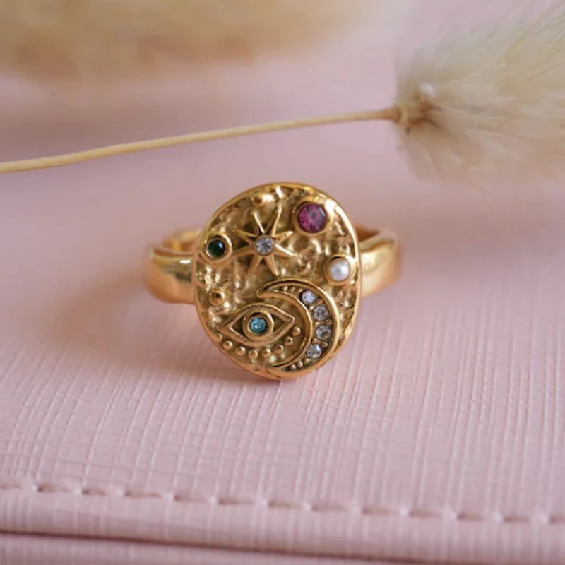 Vintage Gold Colorful Inlaid Stone Ring-Maryam Jewelry