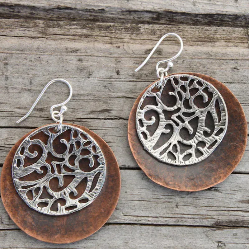 vintage Bronze Rounded Hollow Silver Earrings-Maryam Jewelry