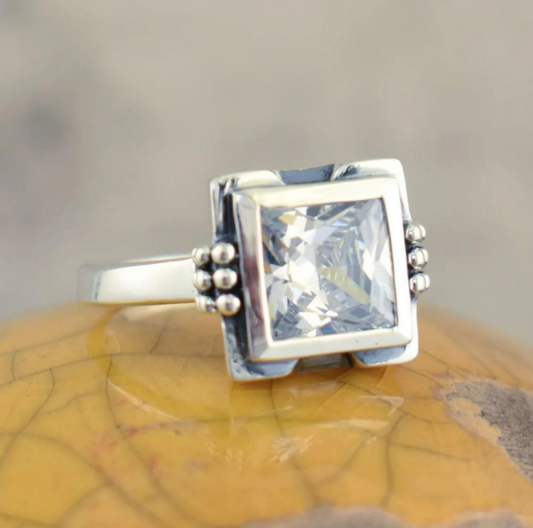 Vintage Inlaid Square Glass Ring-Maryam Jewelry