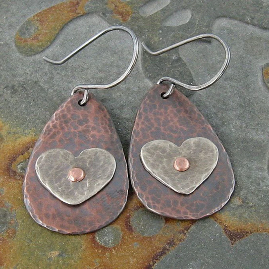 Vintage Bronze Silver Heart Earrings-Maryam Jewelry