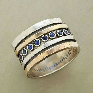Vintage Inlaid Blue Stones Gold & Silver Ring-Maryam Jewelry