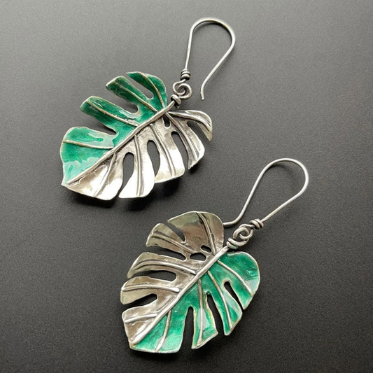 Vintage Green & Silver Leaf Earrings-Maryam Jewelry