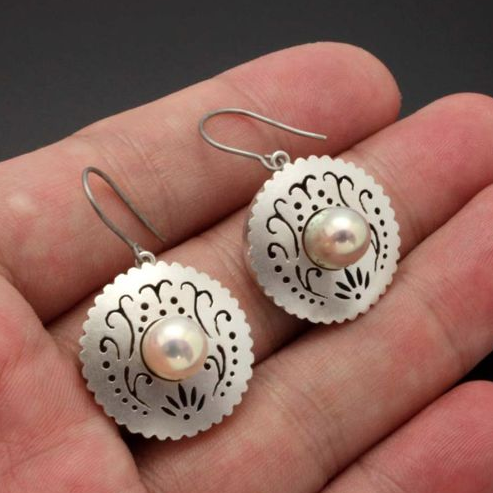 Vintage Pearl Round Silver Earrings-Maryam Jewelry