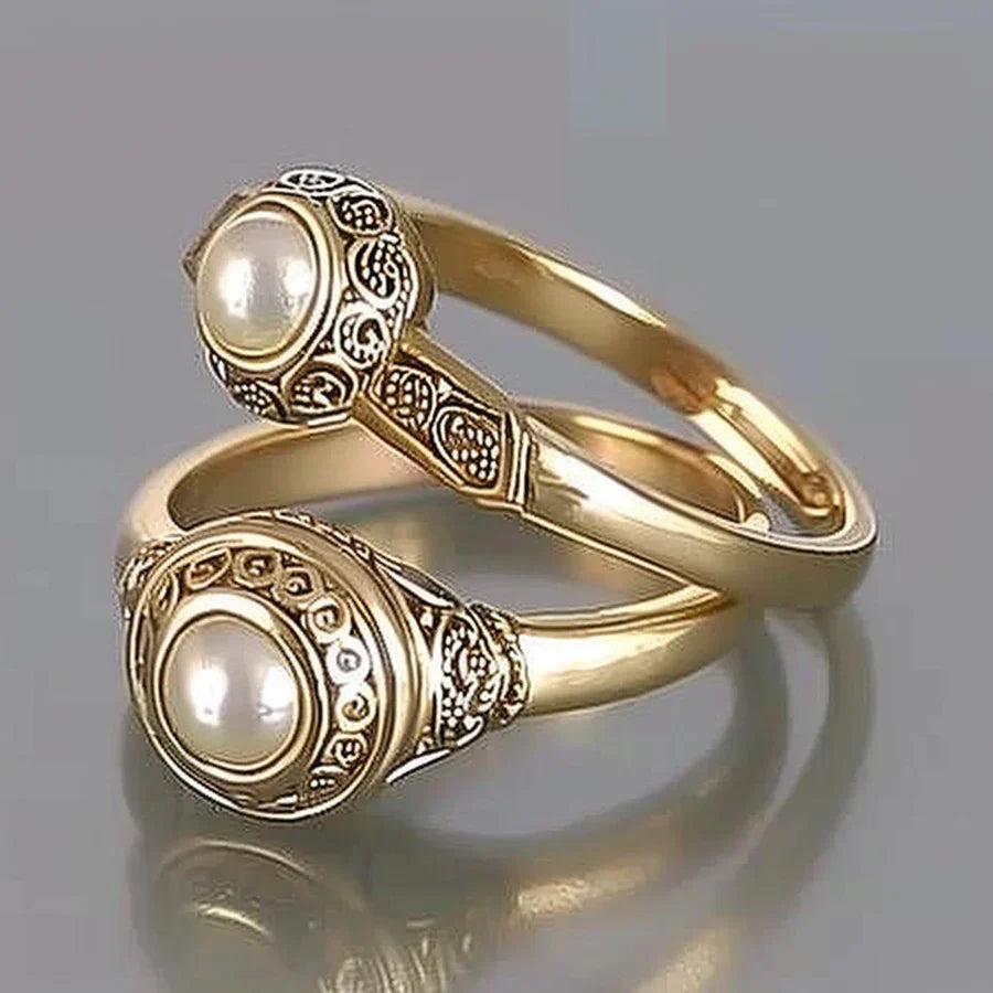 Vintage Inlaid Pearl Gold Ring Set-Maryam Jewelry