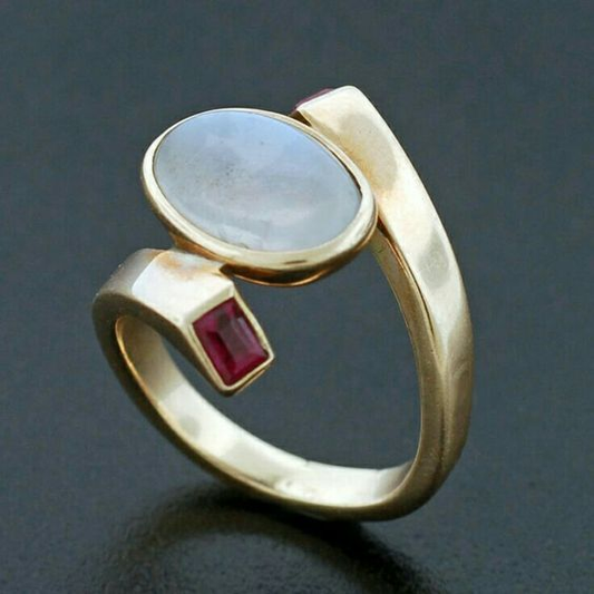 Vintage White Opal & Red Zirconia Gold Ring-Maryam Jewelry