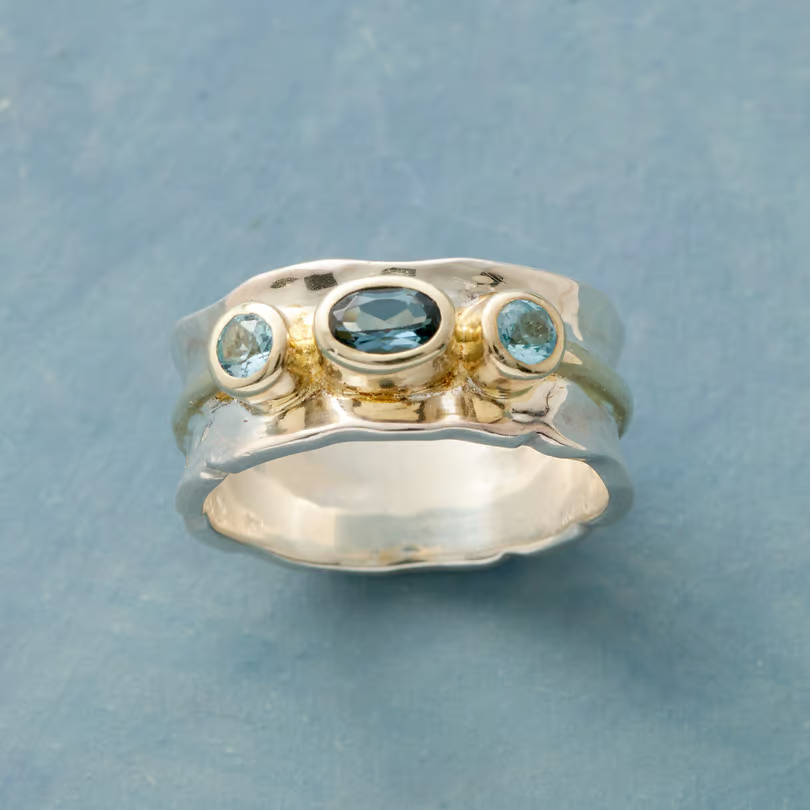Vintage Blue Inlaid Stones Golden & Silver Ring-Maryam Jewelry