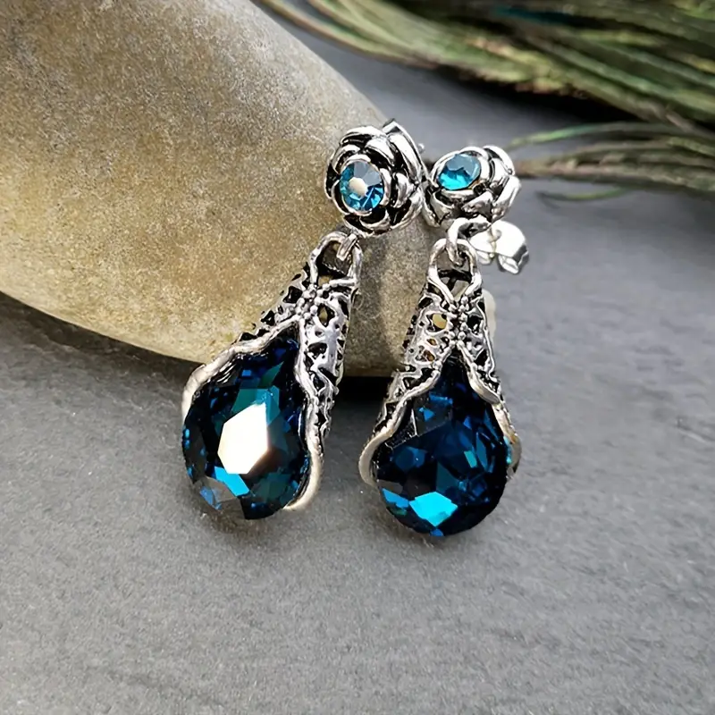 Vintage Blue Crystal Drop Silver Earrings-Maryam Jewelry