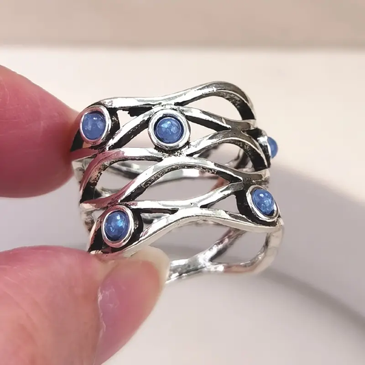 Vintage Layered Inlaid Blue Stone Silver Ring-Maryam Jewelry
