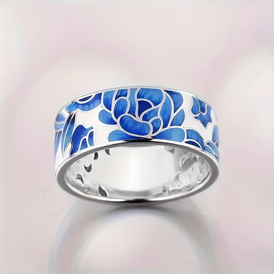 Vintage Silver Blue Enamel Flower Ring-Maryam Jewelry