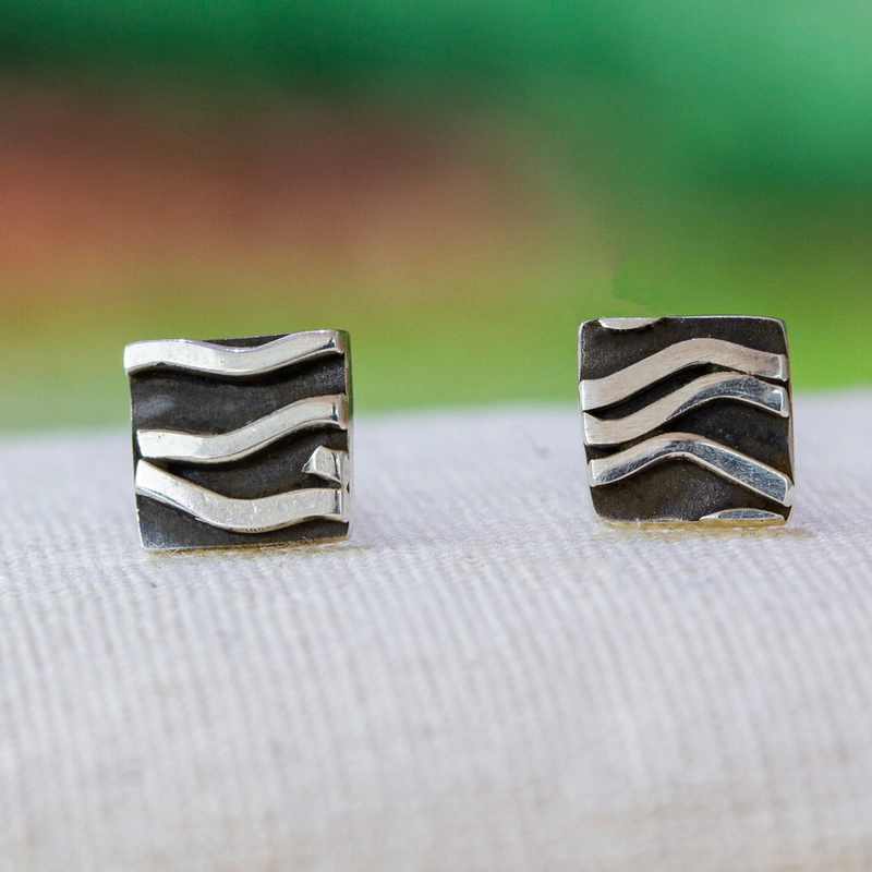 Vintage Silver Wavy Square Earrings-Maryam Jewelry