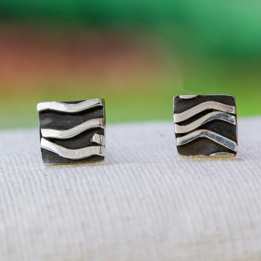 Vintage Silver Wavy Square Earrings-Maryam Jewelry
