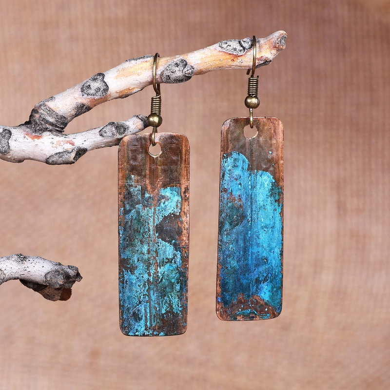Vintage Blue & Bronze Rectangular Earrings-Maryam Jewelry