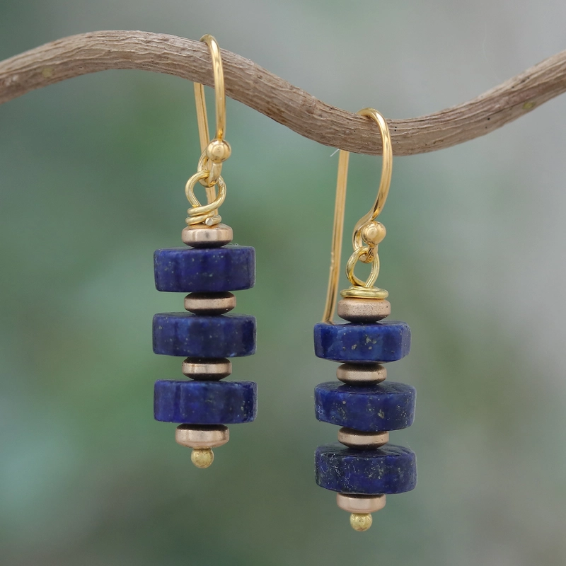 Vintage Blue Dangling Stones Gold Earrings-Maryam Jewelry