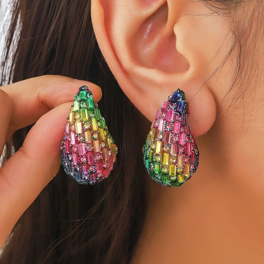 Vintage Colorful Crystals Drop Earrings-Maryam Jewelry