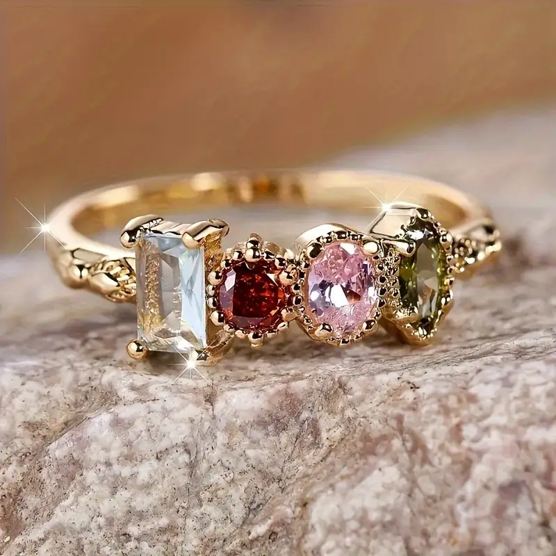 Vintage Colorful Crystals Gold Ring-Maryam Jewelry
