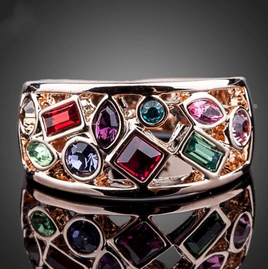 Vintage Colorful Crystals Rose Ring-Maryam Jewelry