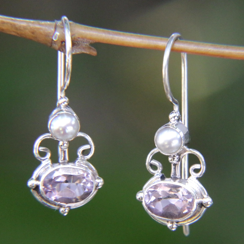 Vintage Purple Glass Silver Earrings-Maryam Jewelry