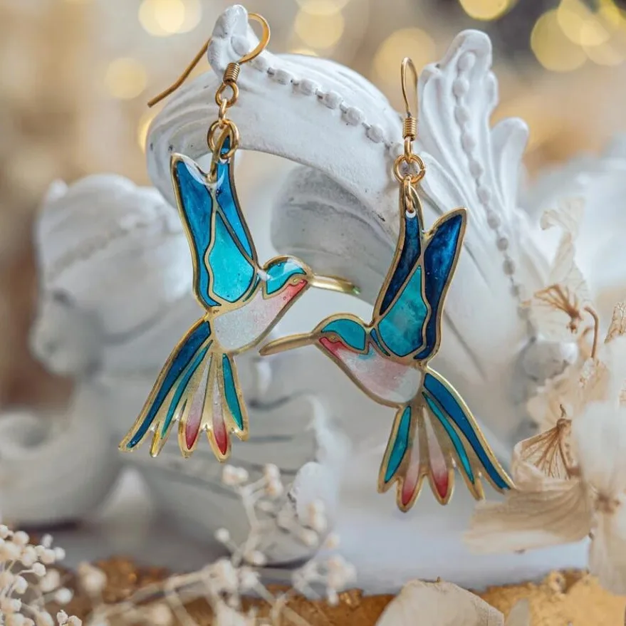 Vintage Blue Enamel Hummingbird Earrings-Maryam Jewelry