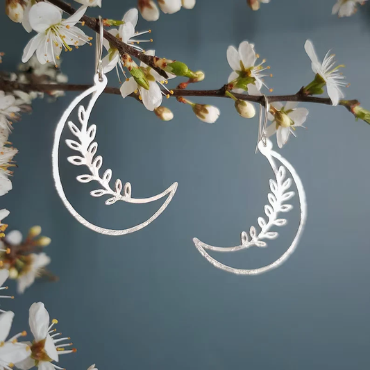 Vintage Moon Leaf Silver Earrings-Maryam Jewelry